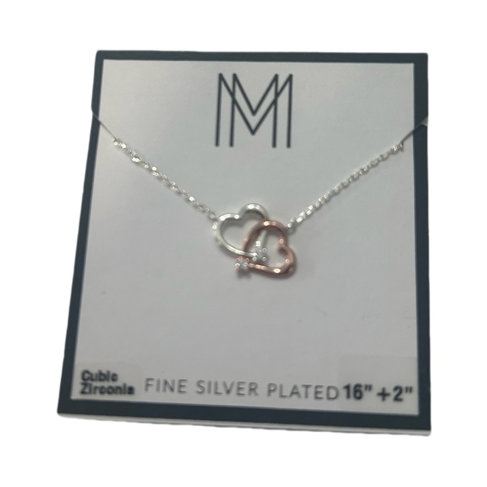 NWT Interlocking Heart Necklace – Fine Silver Plated w/ Cubic Zirconia, 16” + 2”